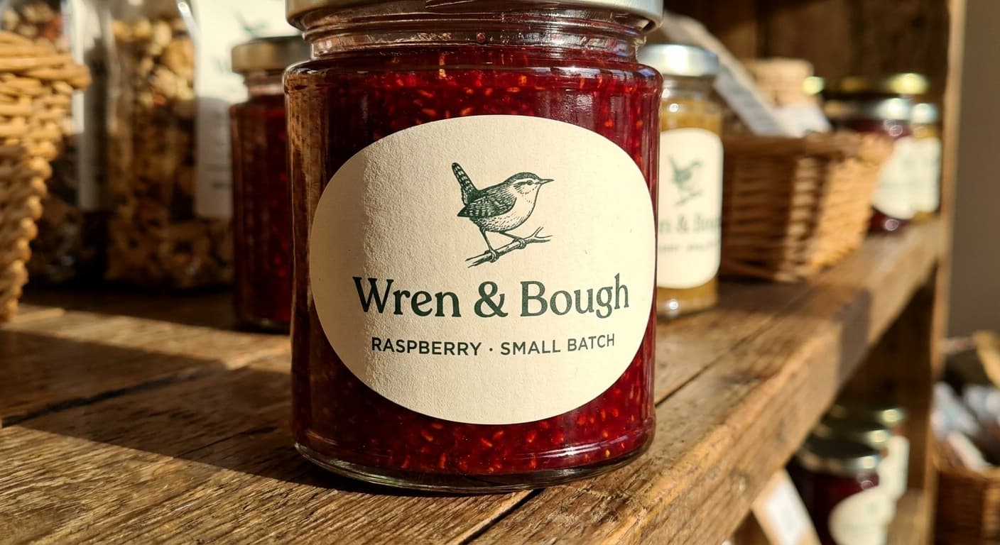 Wren & Bough logo applied to: Glass jar label