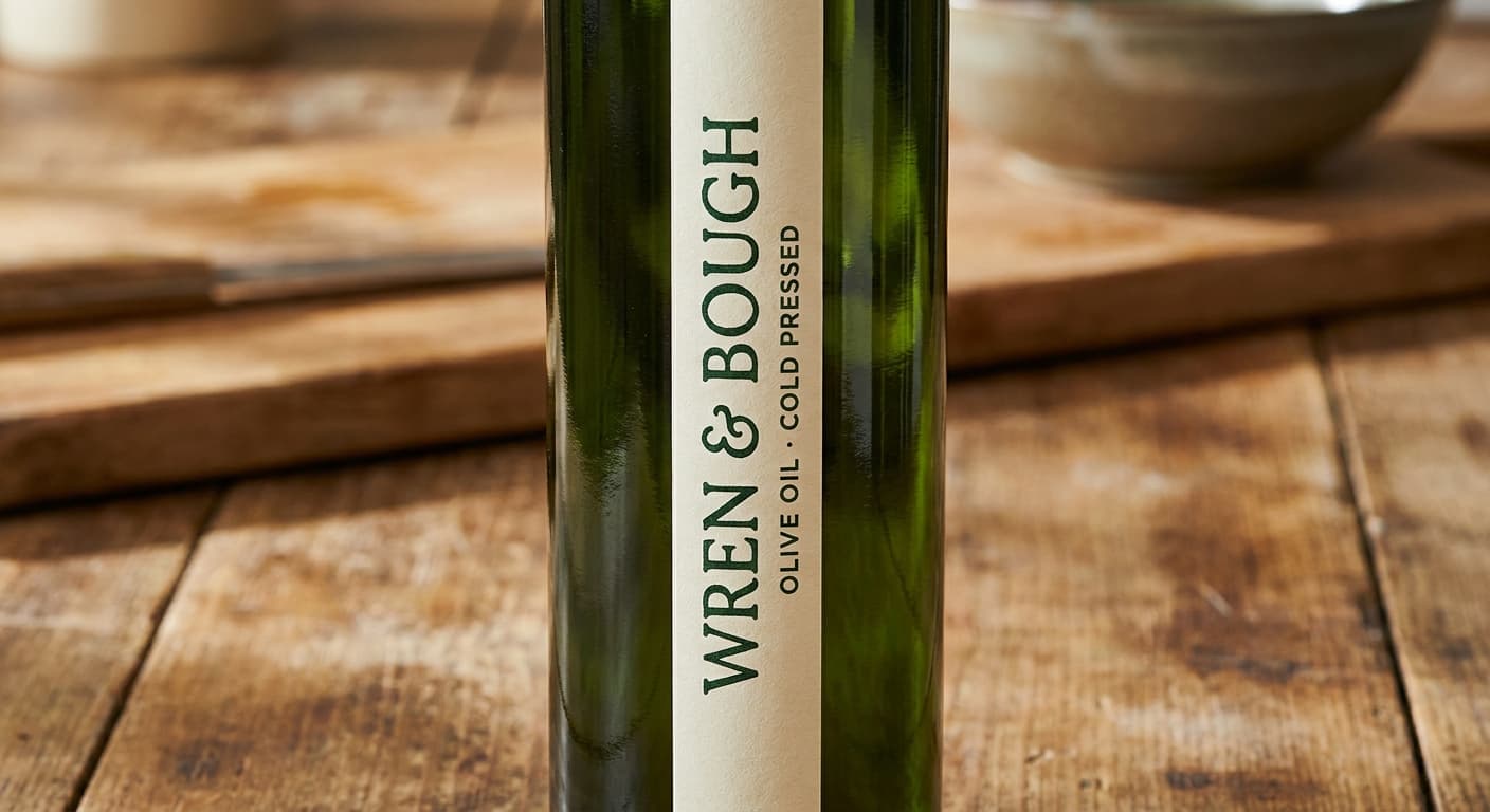 Wren & Bough logo applied to: Olive oil bottle