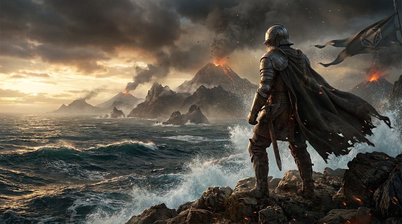 Key art for Mariner's Gauntlet: Hostile archipelago, third-person action register, cinematic dark obsidian-and-ember key art, non-human subject per the studio's art-direction constraint, no photoreal human face, demo only