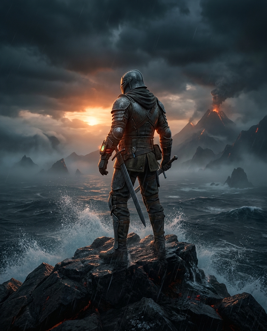 Key art for the fictitious title Mariner's Gauntlet: Hostile archipelago, third-person action register, cinematic dark obsidian-and-ember key art, non-human subject per the studio's art-direction constraint, no photoreal human face, demo only