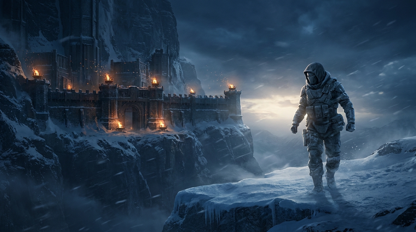 Key art for Northcrest: Alpine winter siege, third-person action register, cinematic dark obsidian-and-ember key art, non-human subject per the studio's art-direction constraint, no photoreal human face, demo only
