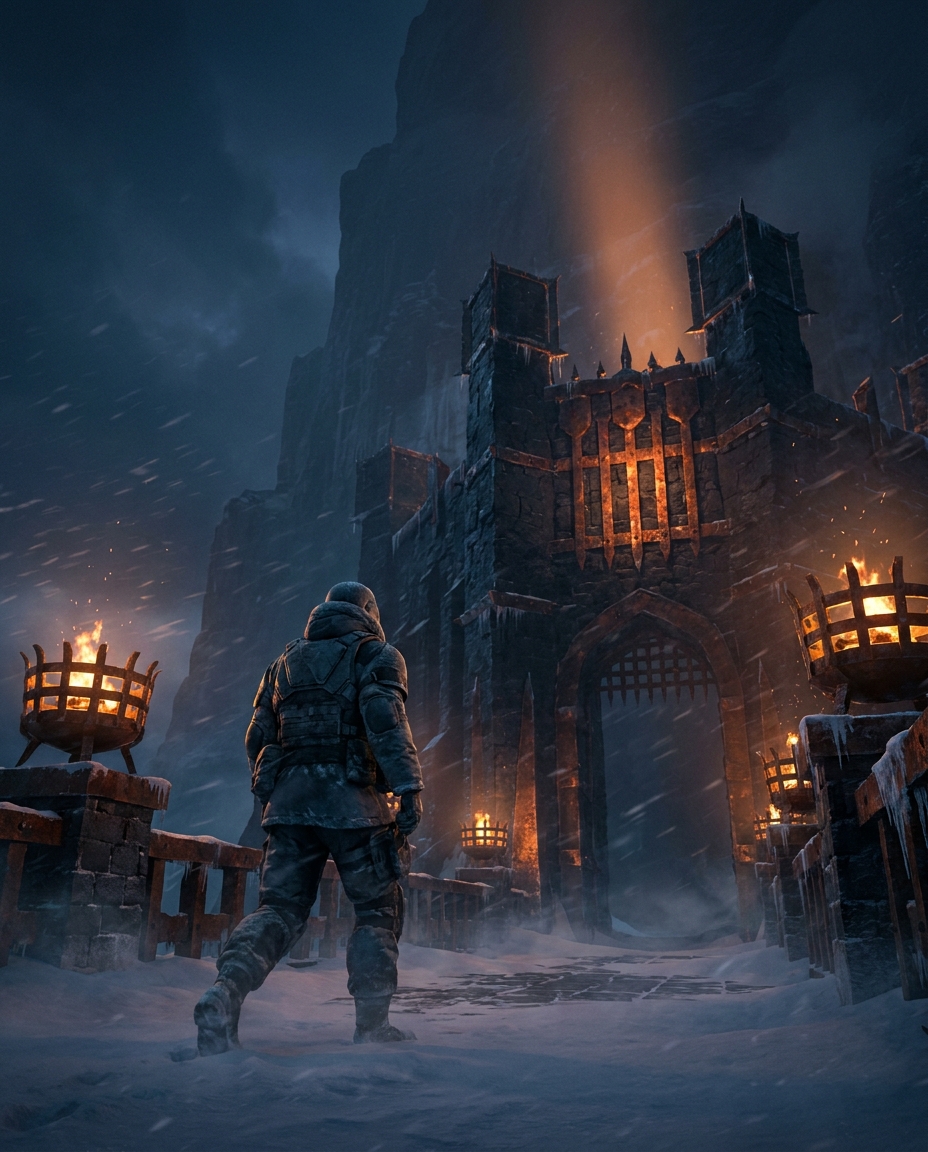Key art for the fictitious title Northcrest: Alpine winter siege, third-person action register, cinematic dark obsidian-and-ember key art, non-human subject per the studio's art-direction constraint, no photoreal human face, demo only
