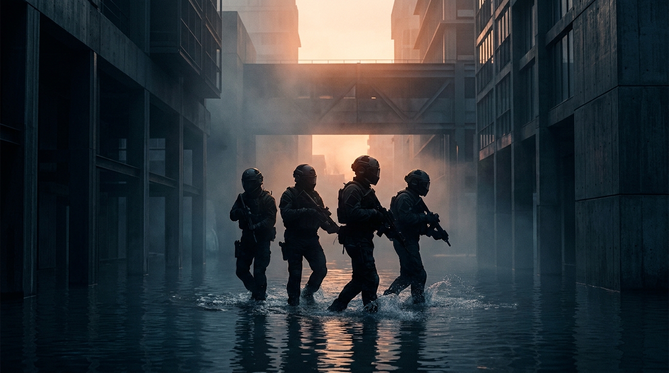 Key art for Steeltide: Flooded coastal city, tactical action register, cinematic dark obsidian-and-ember key art, non-human subject per the studio's art-direction constraint, no photoreal human face, demo only