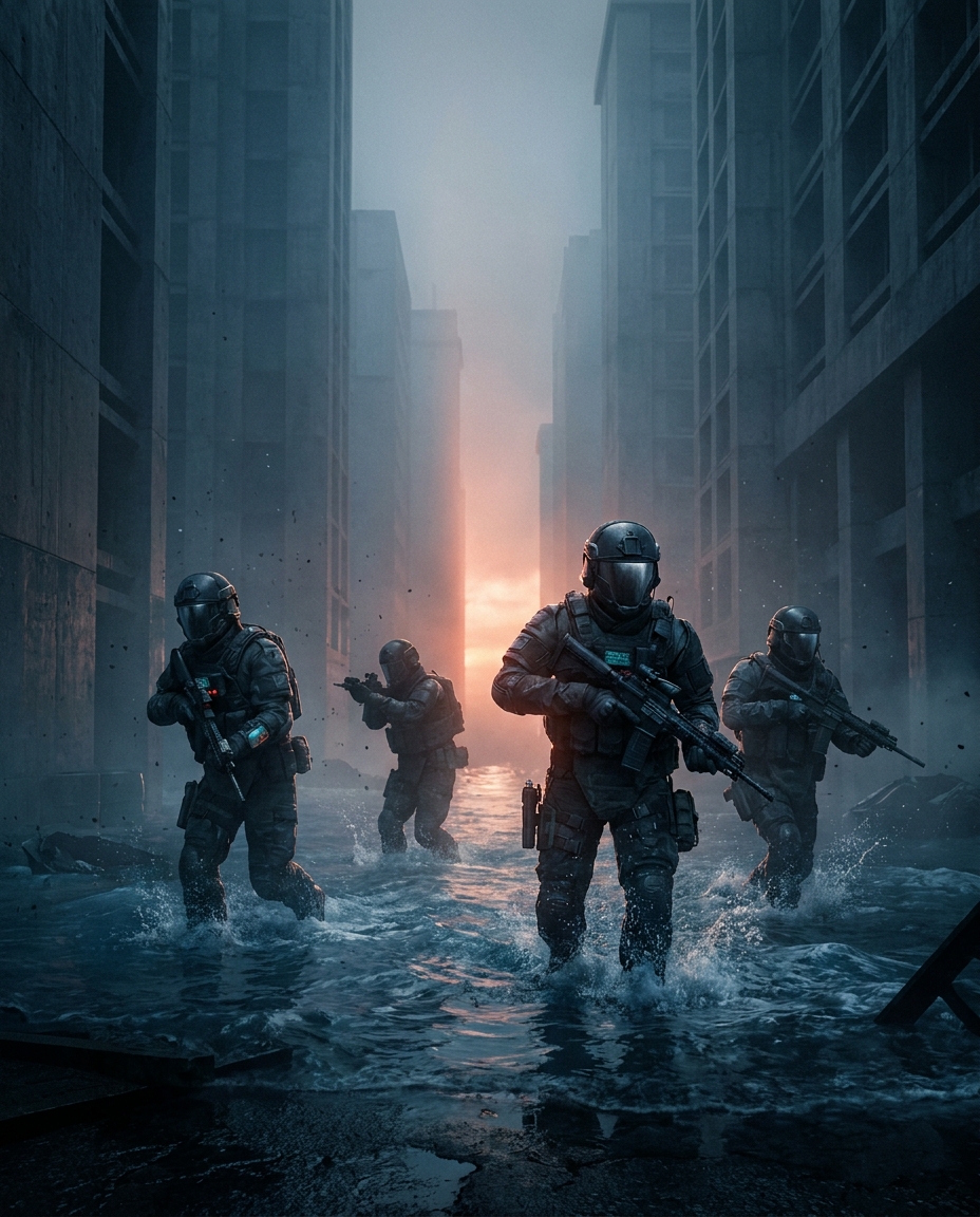 Key art for the fictitious title Steeltide: Flooded coastal city, tactical action register, cinematic dark obsidian-and-ember key art, non-human subject per the studio's art-direction constraint, no photoreal human face, demo only