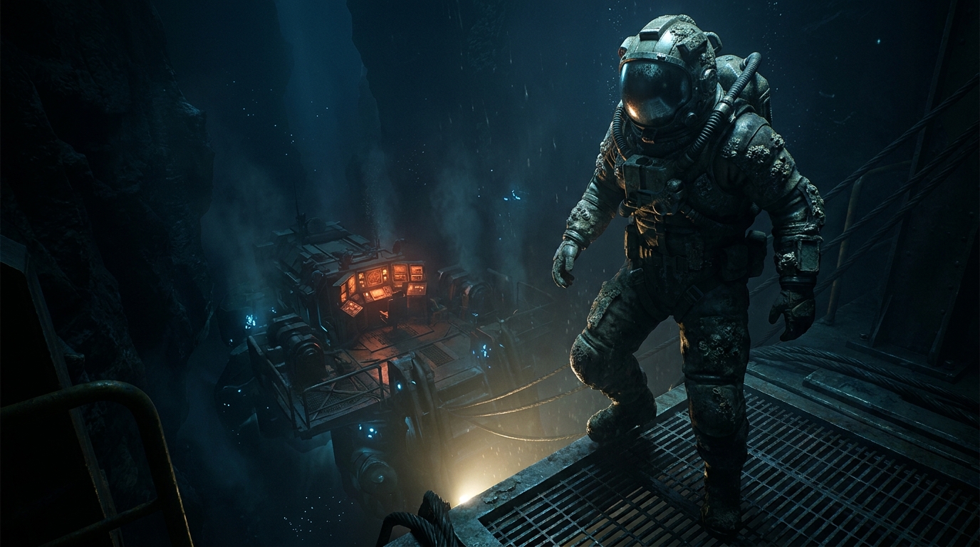 Key art for Trenchwatch: Abyssal trench frontier, first-person tactical register, cinematic dark obsidian-and-ember key art, non-human subject per the studio's art-direction constraint, no photoreal human face, demo only
