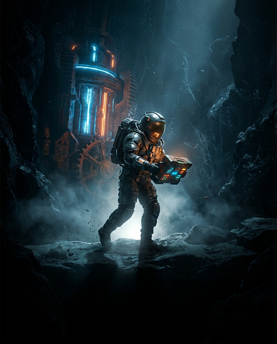 Key art for the fictitious title Trenchwatch: Abyssal trench frontier, first-person tactical register, cinematic dark obsidian-and-ember key art, non-human subject per the studio's art-direction constraint, no photoreal human face, demo only