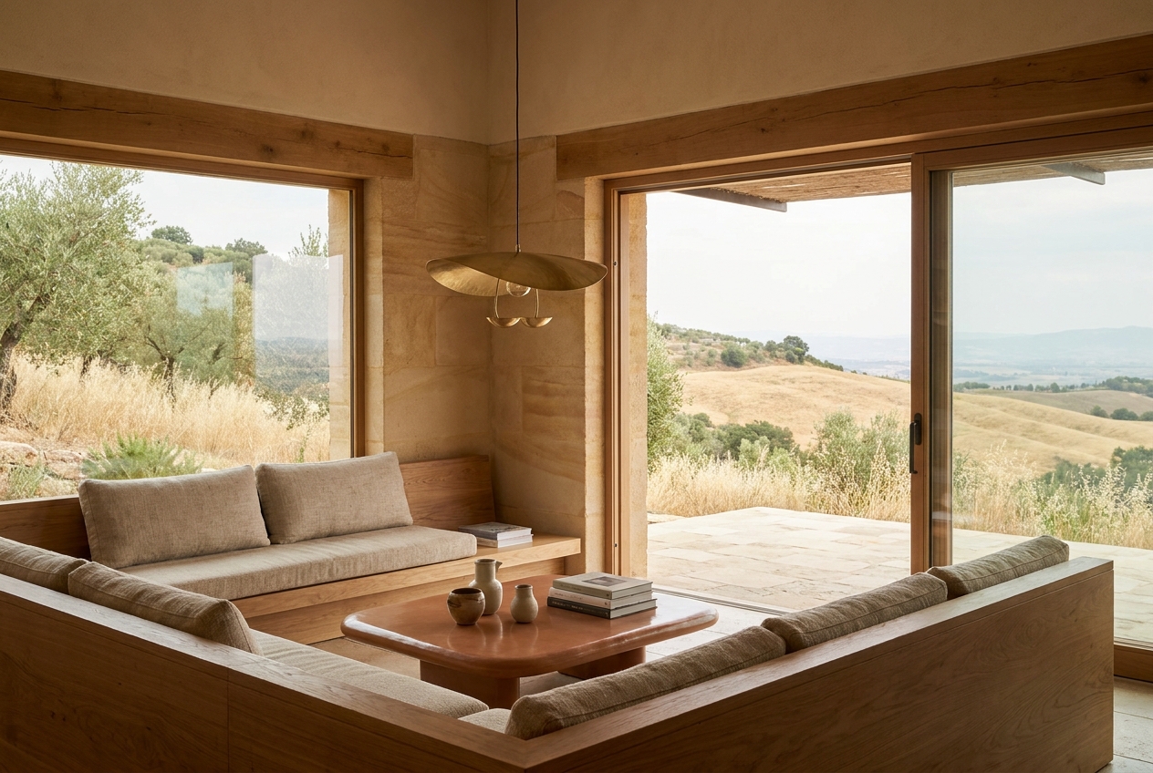 The Cantilever: an interior or setting detail, styled-aspirational property photography, no people, no real-location resemblance, no real brand marks, demo only