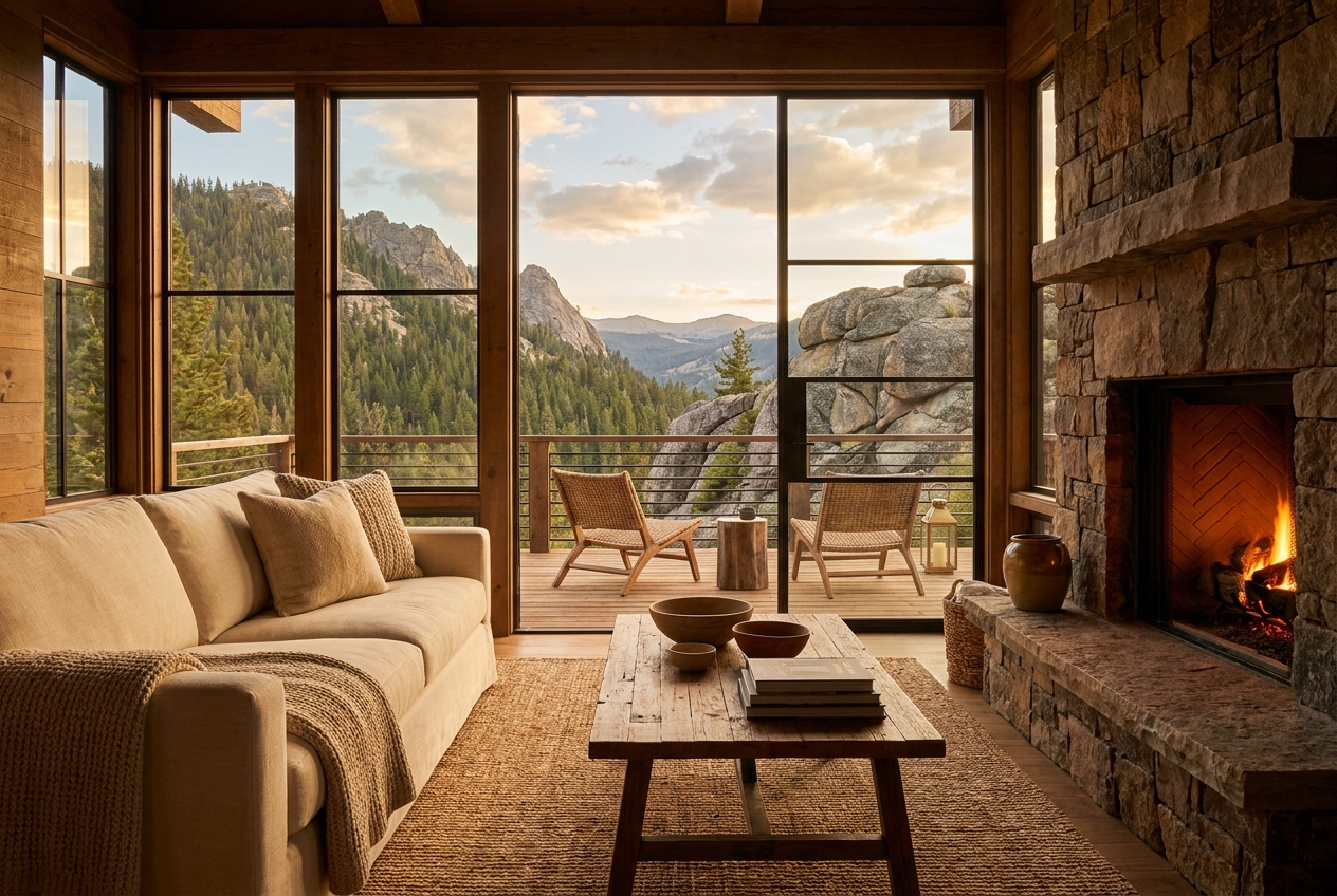 The Cedar Cabin: an interior or setting detail, styled-aspirational property photography, no people, no real-location resemblance, no real brand marks, demo only
