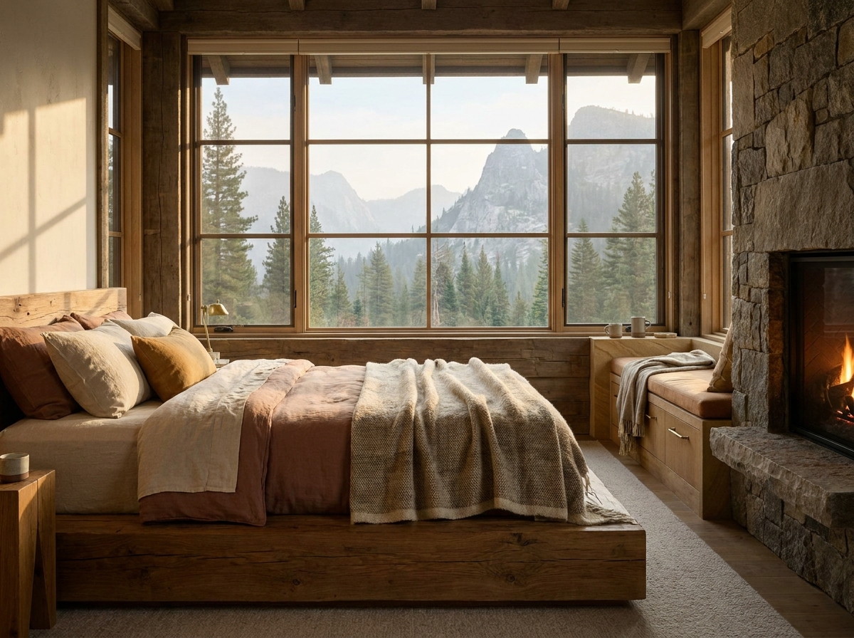 The Cedar Cabin: an interior or setting detail, styled-aspirational property photography, no people, no real-location resemblance, no real brand marks, demo only