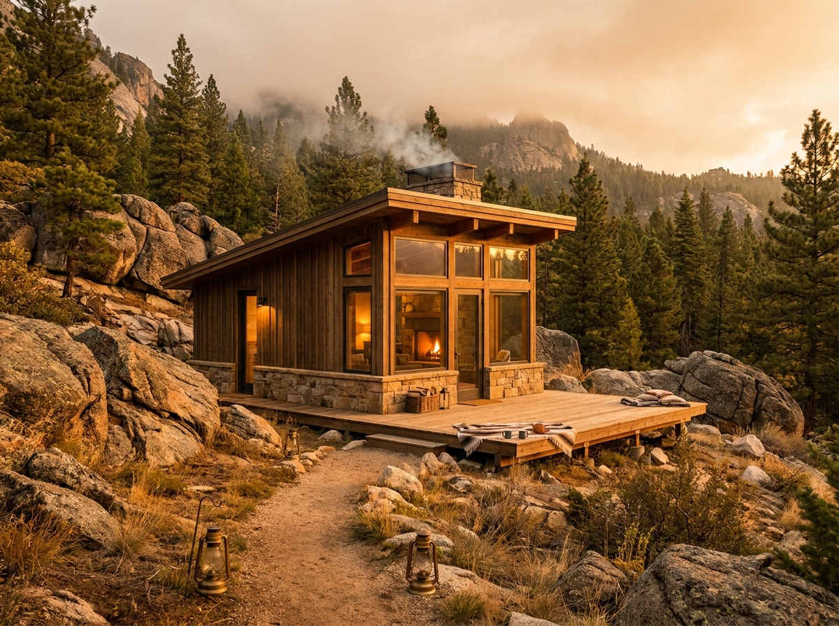 The Cedar Cabin: a cabin in the Aldermere Range, styled-aspirational property photography, no people, no real-location resemblance, no real brand marks, demo only