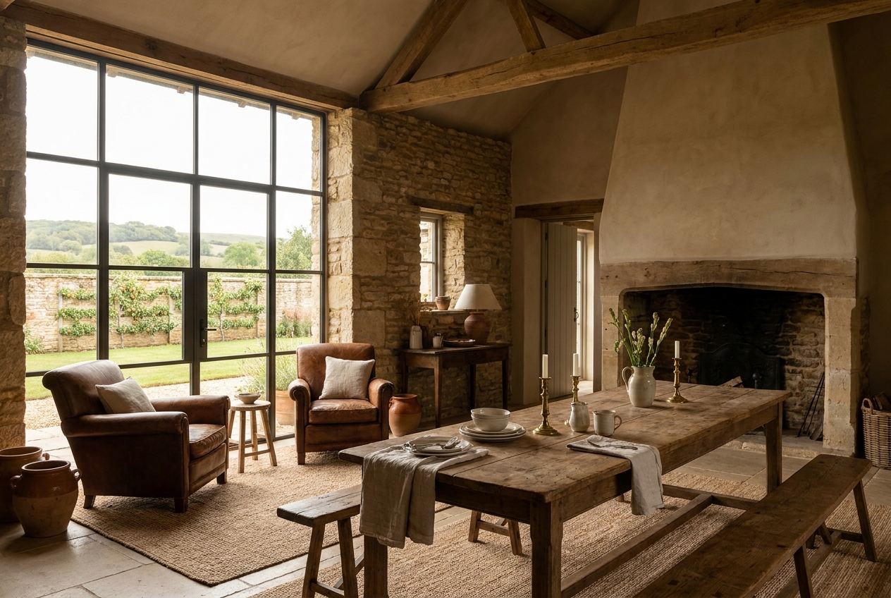 The Long Barn: an interior or setting detail, styled-aspirational property photography, no people, no real-location resemblance, no real brand marks, demo only