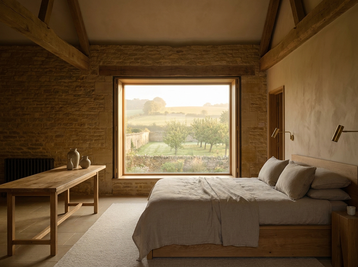 The Long Barn: an interior or setting detail, styled-aspirational property photography, no people, no real-location resemblance, no real brand marks, demo only