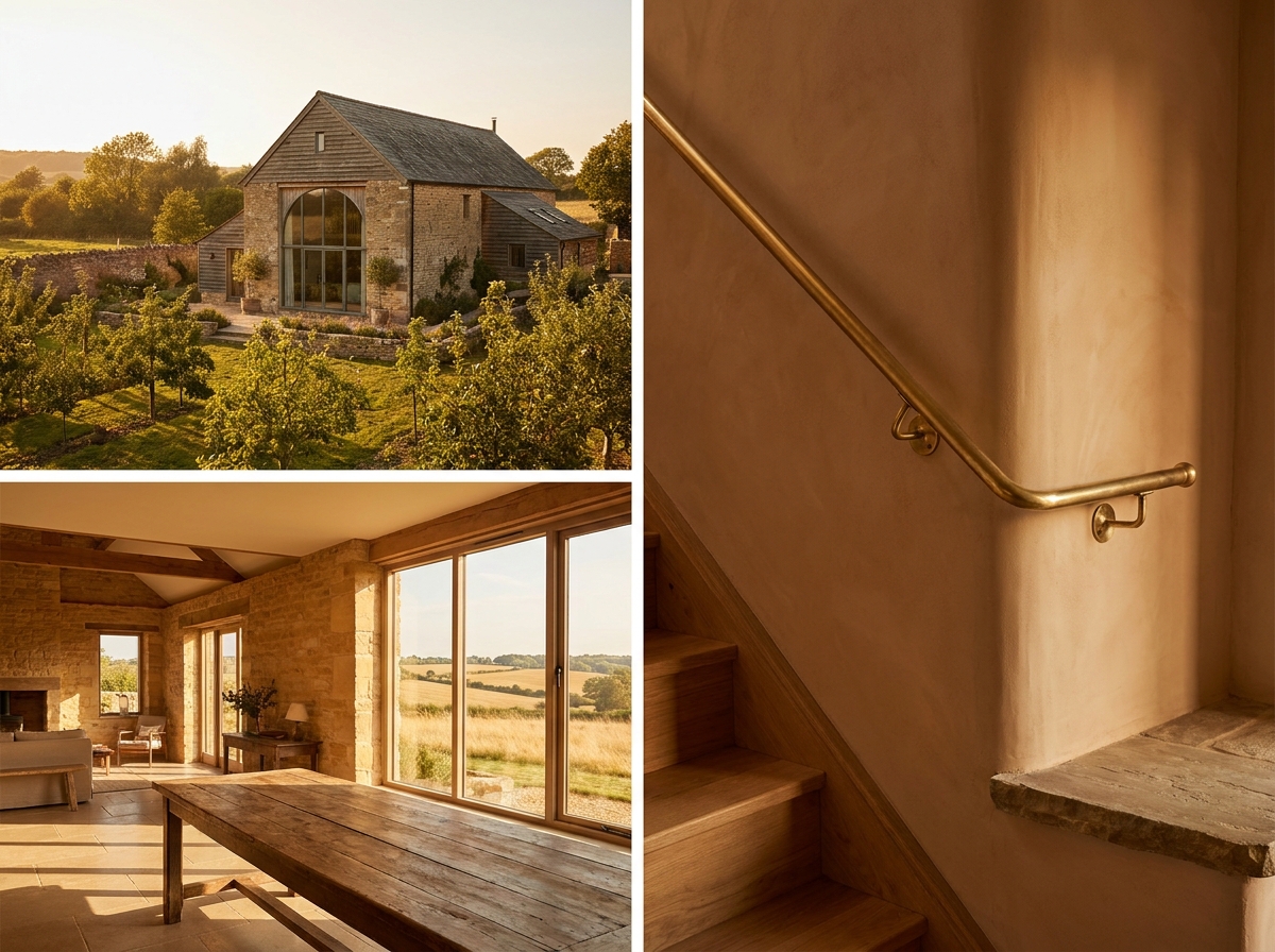 The Long Barn: an interior or setting detail, styled-aspirational property photography, no people, no real-location resemblance, no real brand marks, demo only