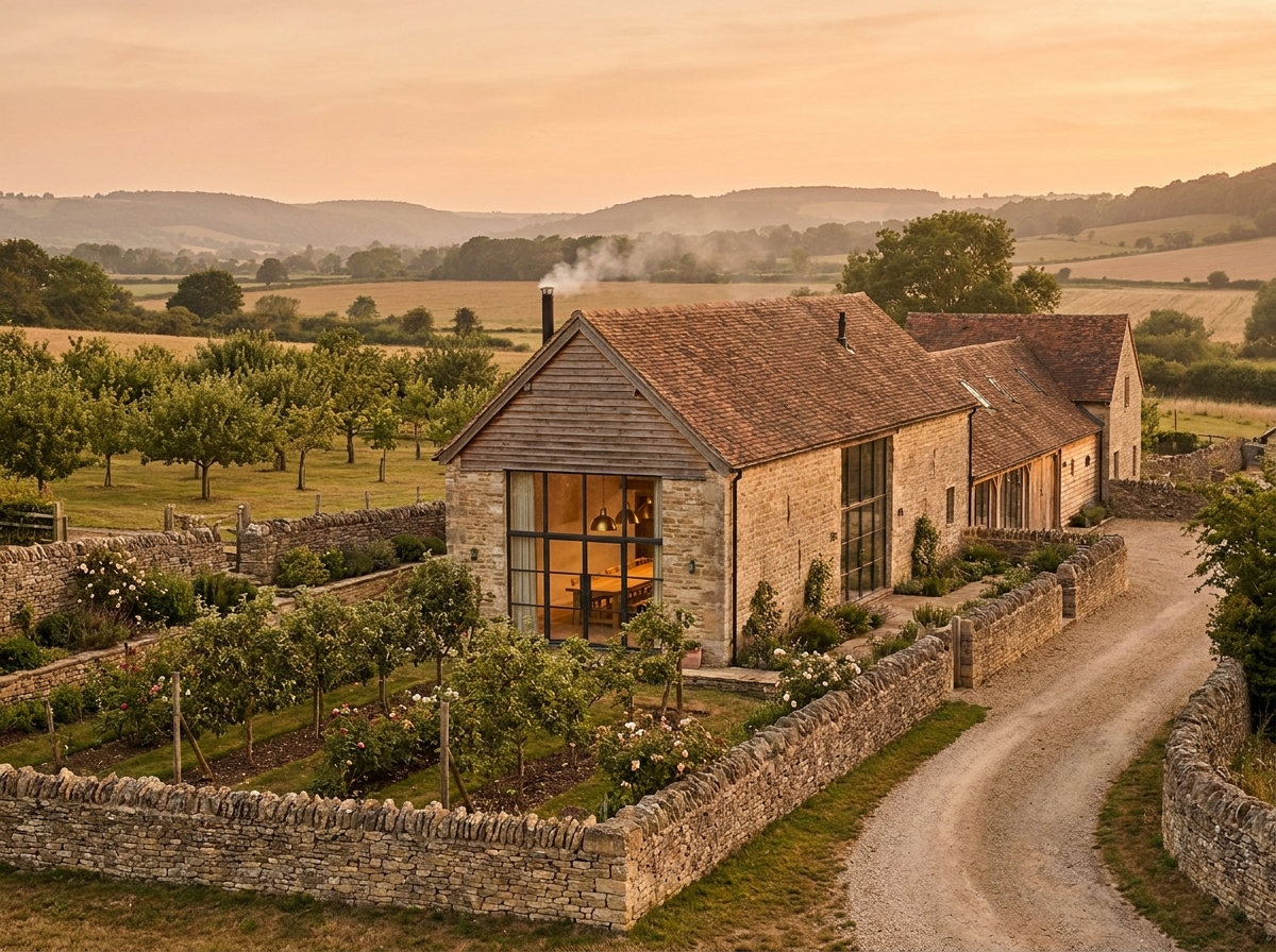 The Long Barn: a converted barn in Sorrel Valley, styled-aspirational property photography, no people, no real-location resemblance, no real brand marks, demo only
