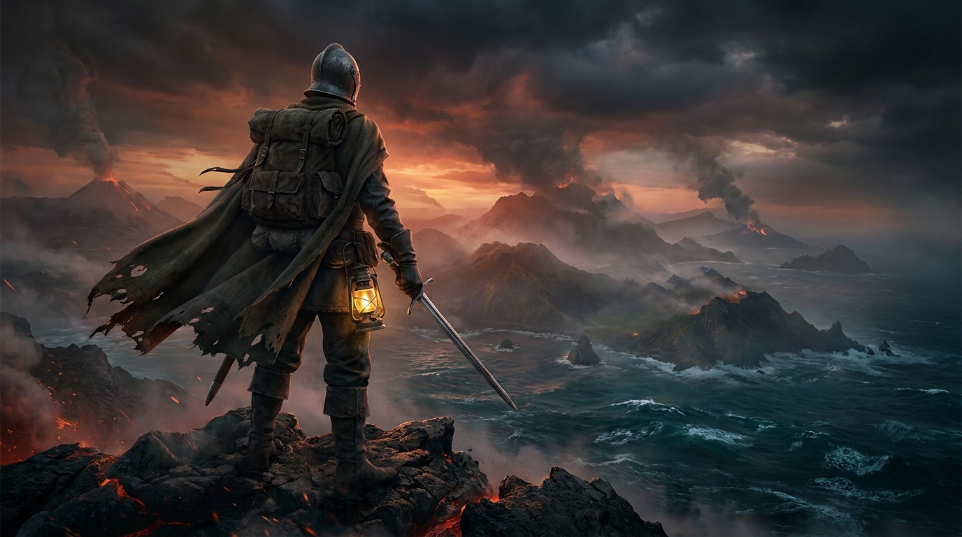 Key art suggesting exploration: the helmeted warrior on a cliff edge surveying an unmapped chain of volcanic islands, sword sheathed, wind-blown, no HUD and no interface, non-human subject per the title's art-direction constraint, no photoreal human face, no real brand marks, no title lettering, demo only