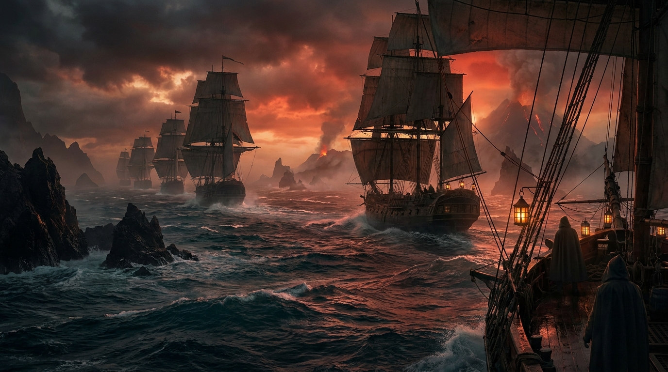 Key art suggesting the run structure: a fleet formation at the storm's edge, several tall hulls in line ahead under an ember sky, the lone frigate apart from them, non-human subject per the title's art-direction constraint, no photoreal human face, no real brand marks, no title lettering, demo only