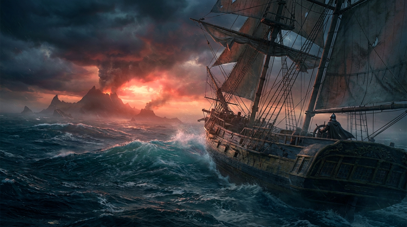 Key art suggesting naval navigation: the frigate in a storm passage with sails reefed and the wheel hard over, sea spray and a bruised sky, no HUD and no interface, non-human subject per the title's art-direction constraint, no photoreal human face, no real brand marks, no title lettering, demo only