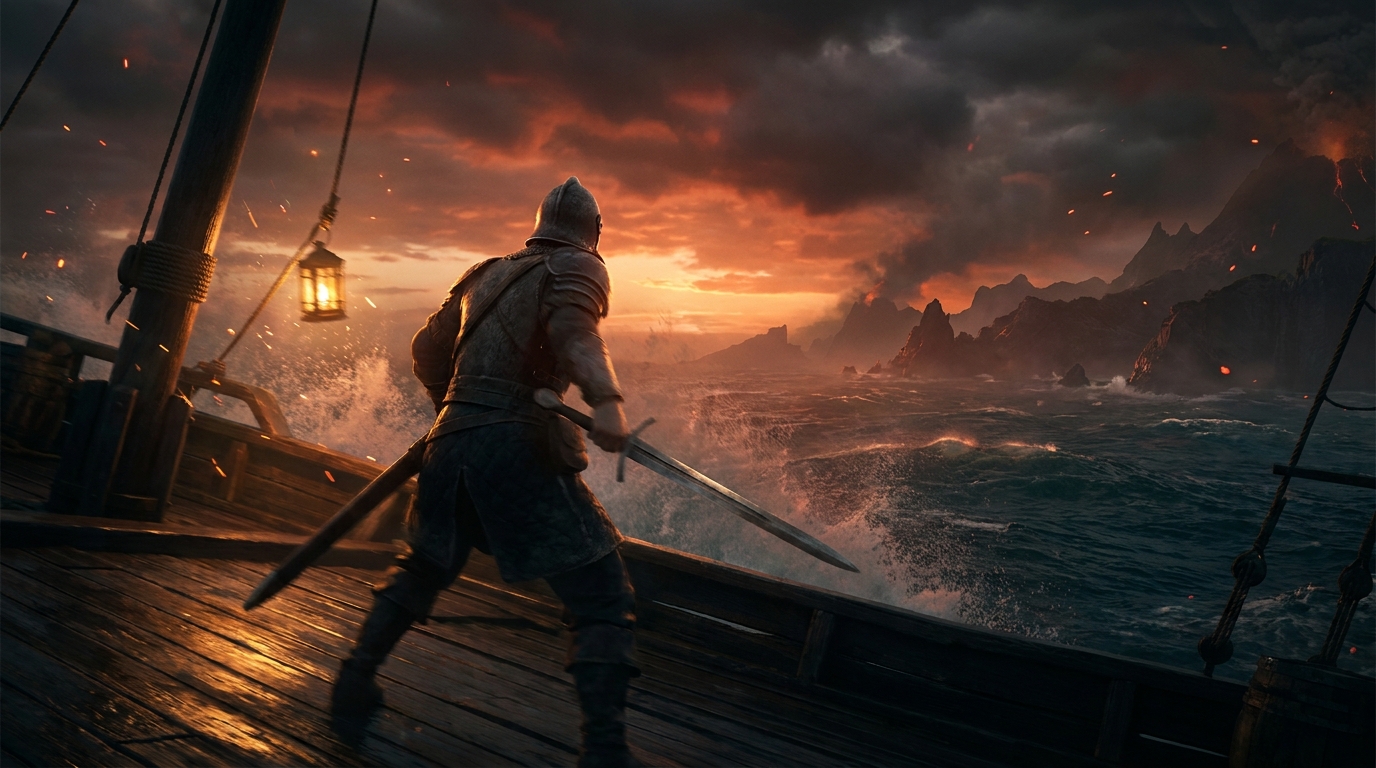 Key art suggesting on-foot combat: a sword drawn in profile silhouette on a storm-lit deck, the helmeted warrior mid-stance with motion implied, no HUD and no interface, non-human subject per the title's art-direction constraint, no photoreal human face, no real brand marks, no title lettering, demo only