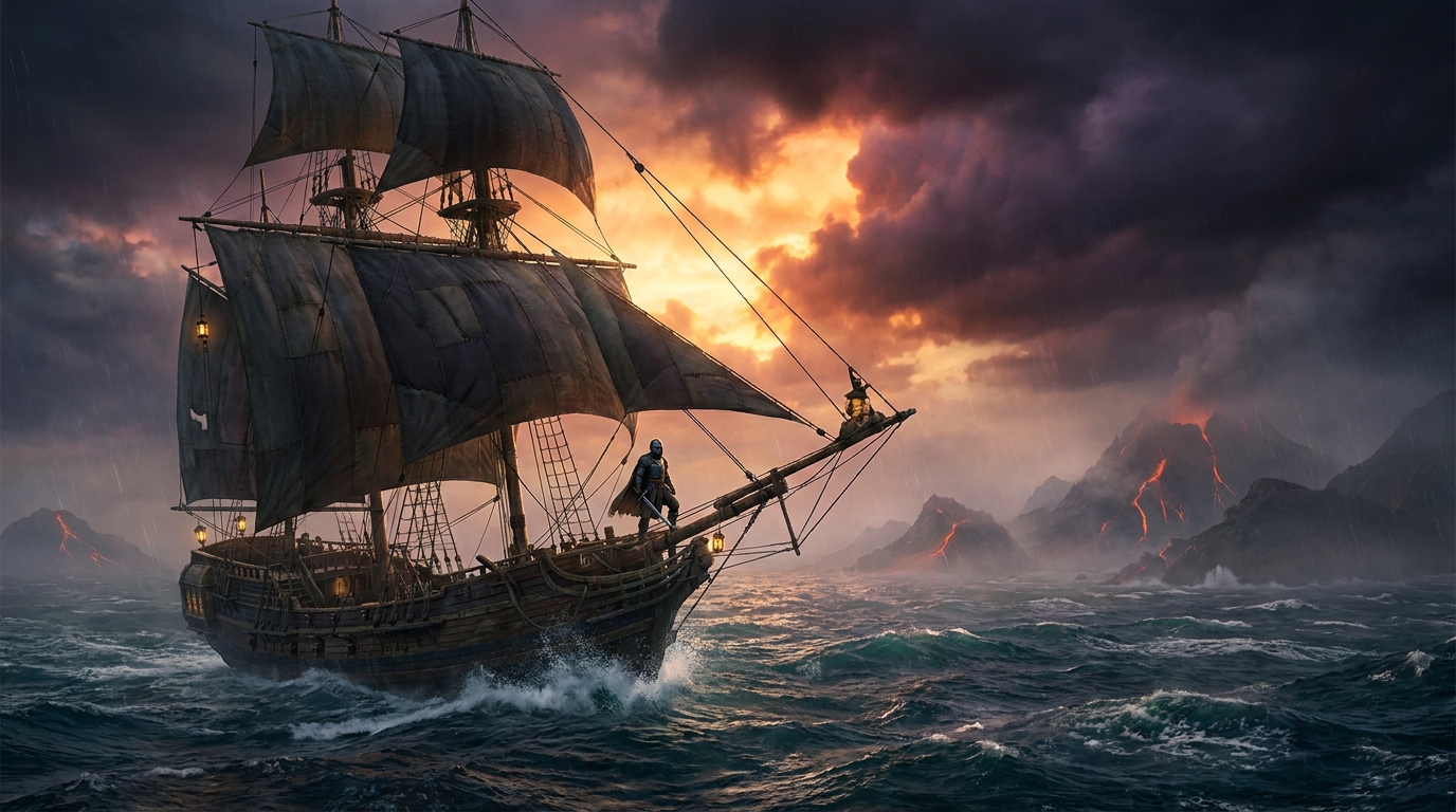 Key art: a single light frigate cutting the swell at first light in a storm-tossed volcanic archipelago, the helmeted explorer-warrior at the bow facing the islands rising in layered haze, ember dawn breaking on the horizon, sword sheathed at the warrior's side, non-human subject per the title's art-direction constraint, no photoreal human face, no real brand marks, no title lettering, demo only