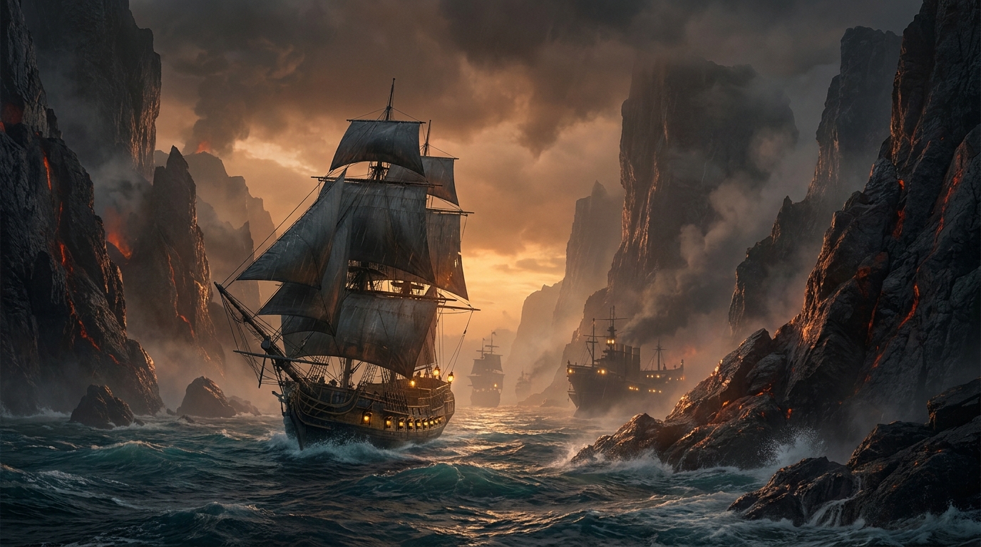 Key art: a blockade run at dusk, the frigate threading a narrow volcanic strait between tall iron-grey hulls, ember dusk light raking the rock walls, lantern fire on the far hulls, no visible faces, non-human subject per the title's art-direction constraint, no photoreal human face, no real brand marks, no title lettering, demo only
