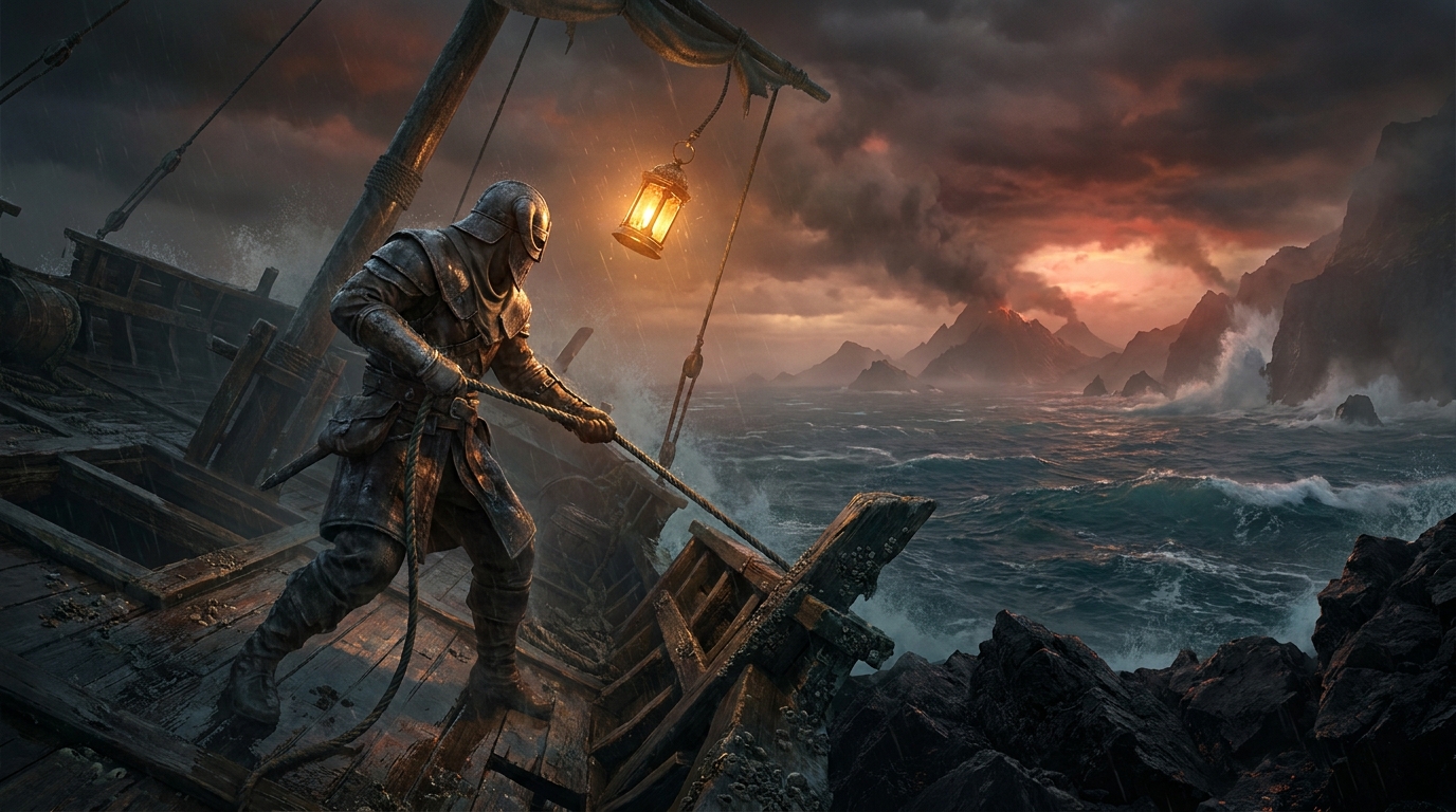 Key art: salvage in hostile waters, a half-sunk wreck on a black reef under lantern light, the helmeted warrior on the listing deck hauling a line, storm light behind, non-human subject per the title's art-direction constraint, no photoreal human face, no real brand marks, no title lettering, demo only