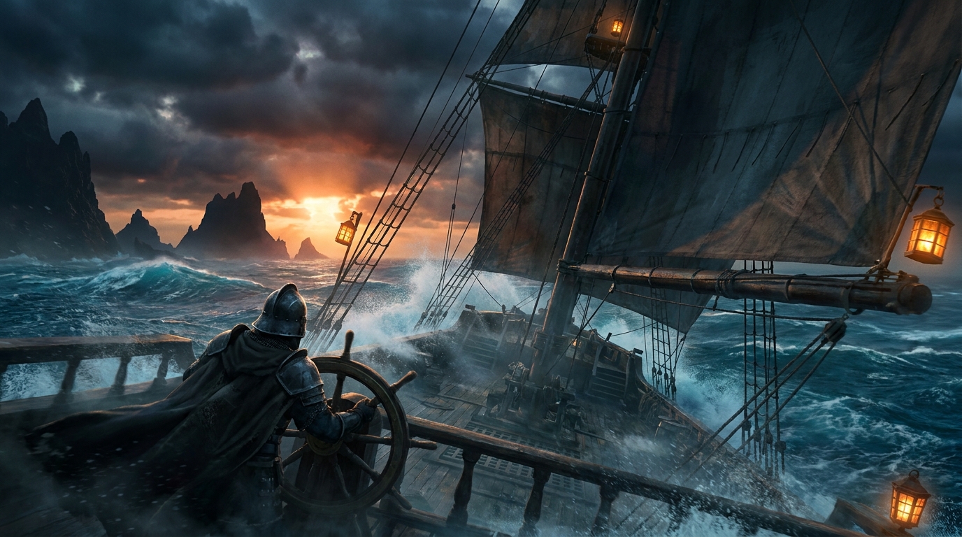 Key art: an open-ocean storm passage, the light frigate heeling hard in a towering blue-green swell under a bruised sky, sea spray across the deck, the helmeted figure braced at the wheel, non-human subject per the title's art-direction constraint, no photoreal human face, no real brand marks, no title lettering, demo only