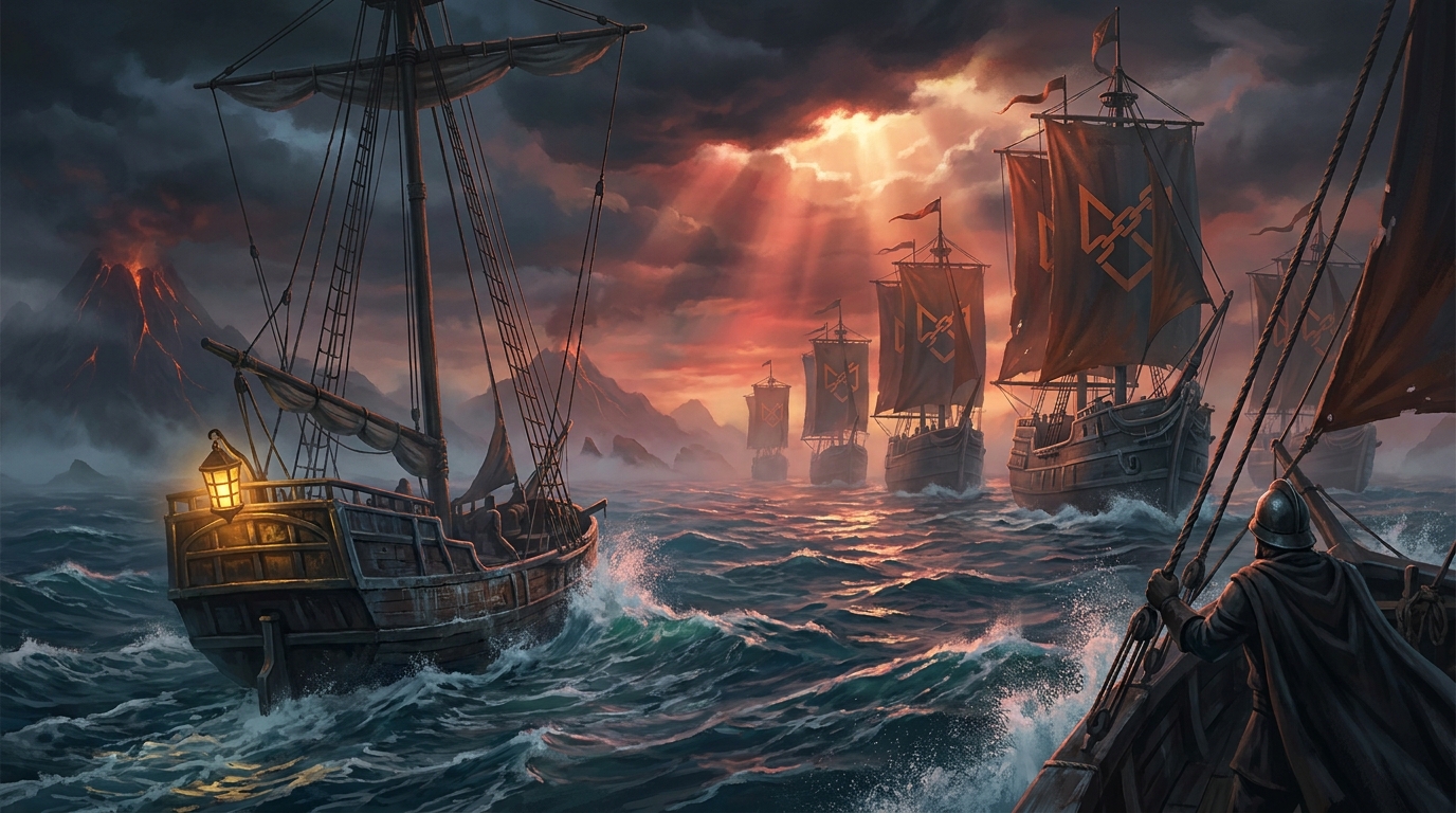 Key art: the tribunal's fleet on the horizon, a line of tall hulls flying broken-chain banners across a leaden blue-green sea, the lone frigate small in the foreground, non-human subject per the title's art-direction constraint, no photoreal human face, no real brand marks, no title lettering, demo only