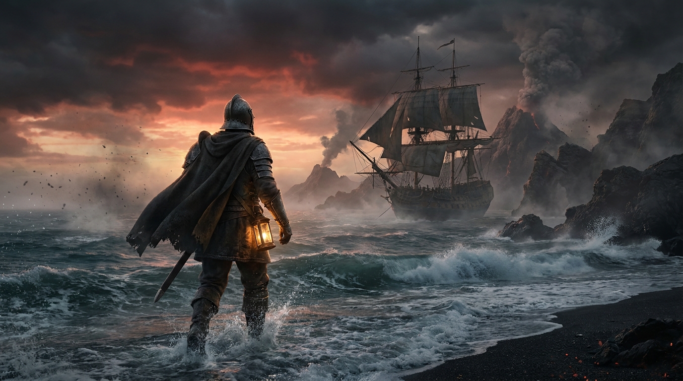 Key art: a volcanic landfall, black-sand shore under a drifting ash plume and an ember sky, the helmeted explorer-warrior wading ashore with sword sheathed, the frigate anchored in the bay behind, non-human subject per the title's art-direction constraint, no photoreal human face, no real brand marks, no title lettering, demo only