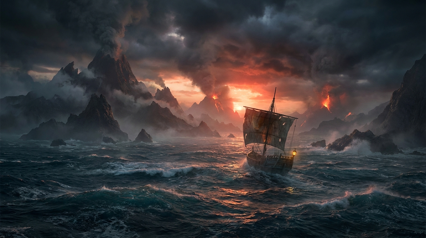 Key art: a wide establishing vista of the archipelago, volcanic islands rising in layered haze across a deep blue-green sea at first light, ember dawn on the far peaks, no figures, non-human subject per the title's art-direction constraint, no photoreal human face, no real brand marks, no title lettering, demo only