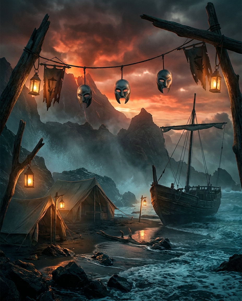 Key art: a Reach Wardens coastal camp at dusk, bone-and-iron masks and lantern banners hung on driftwood frames above a black-sand cove, lantern fire, no figures and no faces, non-human subject per the title's art-direction constraint, no photoreal human face, no real brand marks, no title lettering, demo only