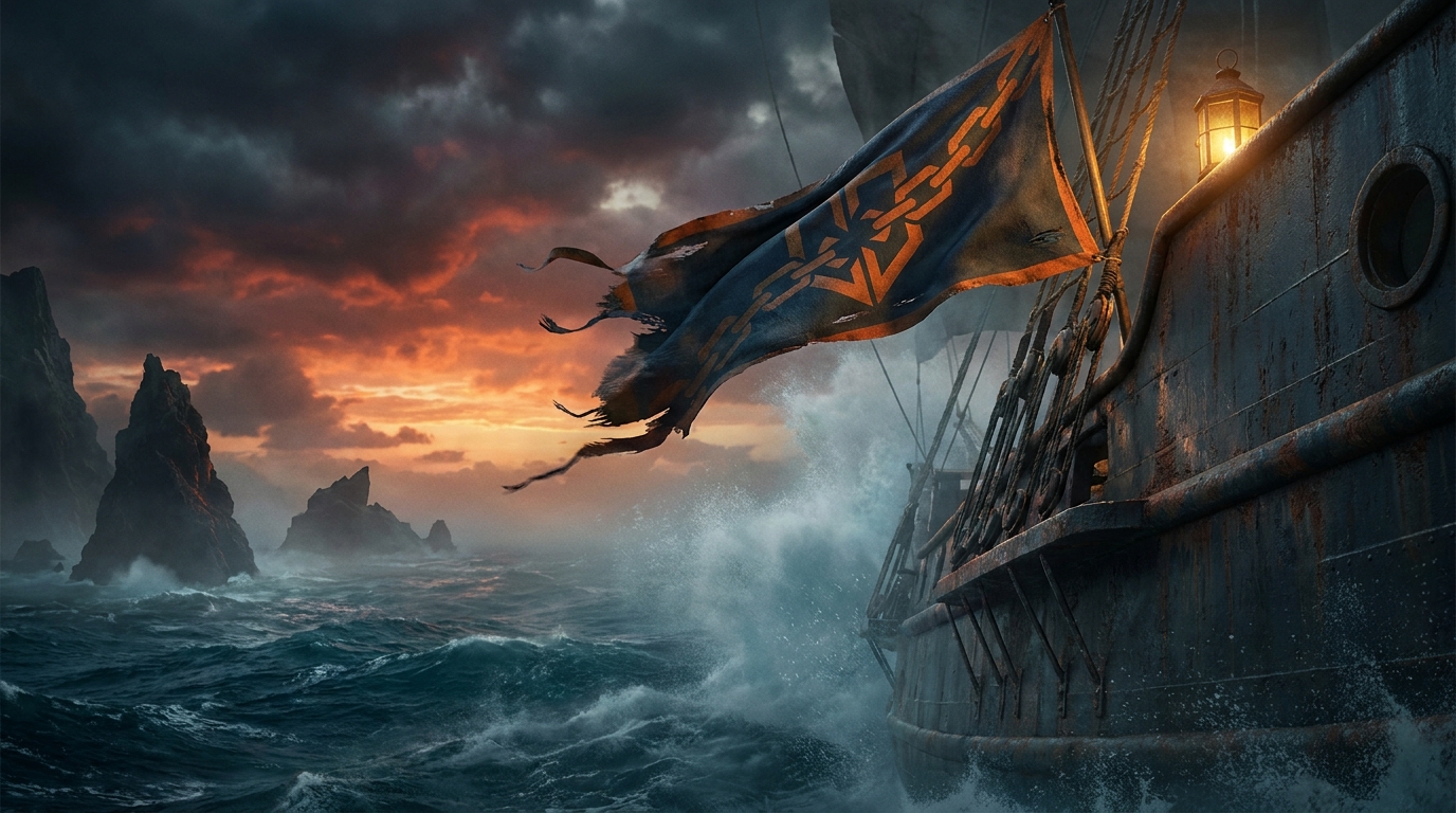 Key art: a broken-chain banner of the Tribunal Fleet snapping in the wind above the rail of a tall iron-grey hull, storm light behind, no figures and no faces, non-human subject per the title's art-direction constraint, no photoreal human face, no real brand marks, no title lettering, demo only