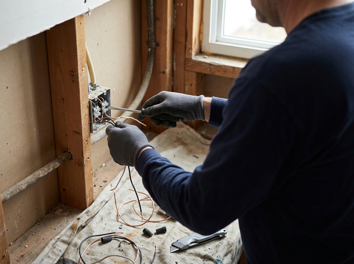 Bauer Electric: a electrical work detail, documentary register, hands and task in focus, no identifiable face, no brand marks, demo only