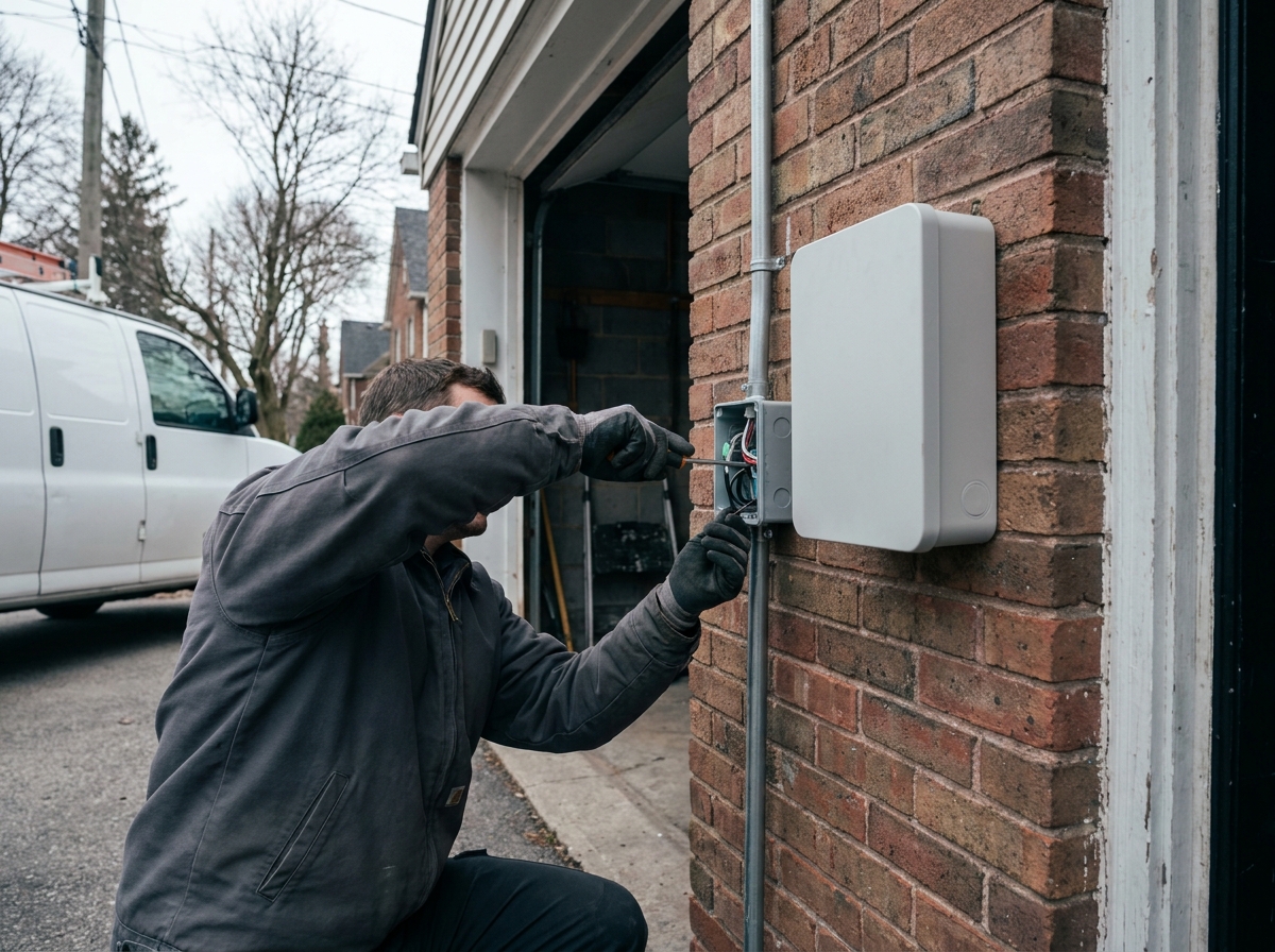 Bauer Electric: electrical work in context in Calder Bay, documentary register, hands and task in focus, no identifiable face, no brand marks, demo only