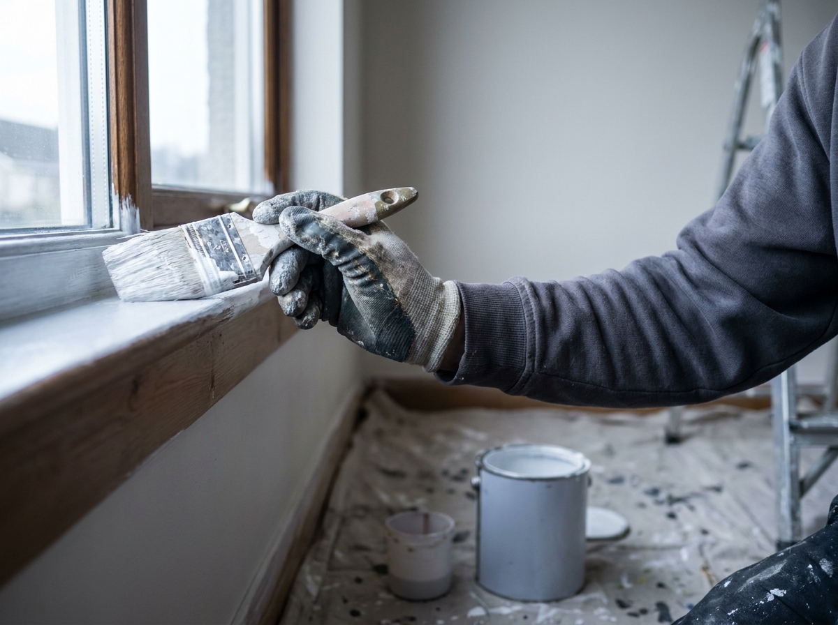 Calloway Painting: painting work in context in Calder Bay, documentary register, hands and task in focus, no identifiable face, no brand marks, demo only