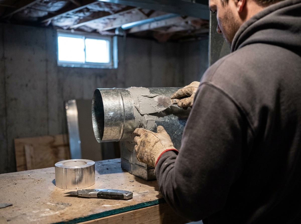 Devlin Heating and Air: a hvac work detail, documentary register, hands and task in focus, no identifiable face, no brand marks, demo only
