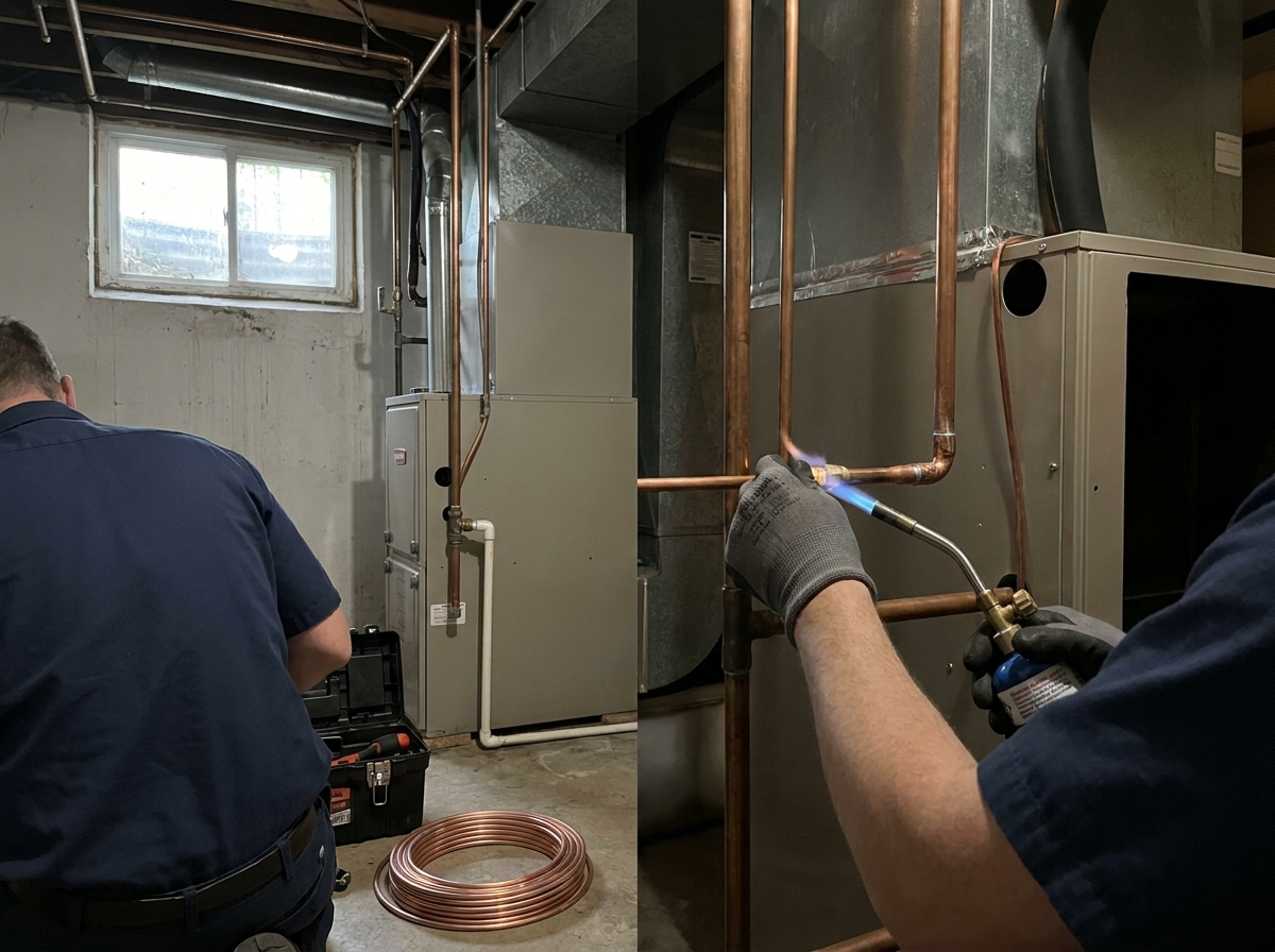 Devlin Heating and Air: hvac work in context in Calder Bay, documentary register, hands and task in focus, no identifiable face, no brand marks, demo only