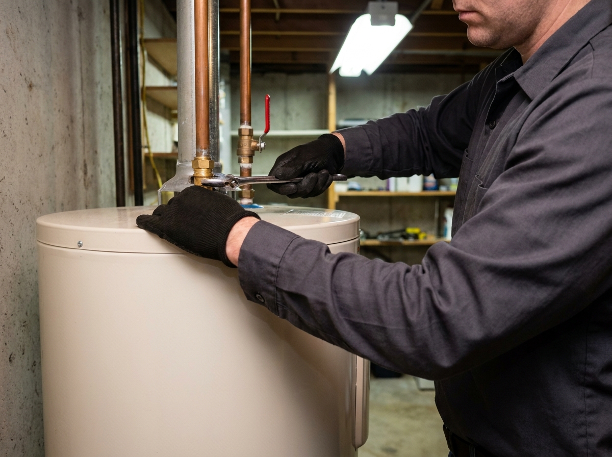Halvorsen Plumbing: a plumbing work detail, documentary register, hands and task in focus, no identifiable face, no brand marks, demo only