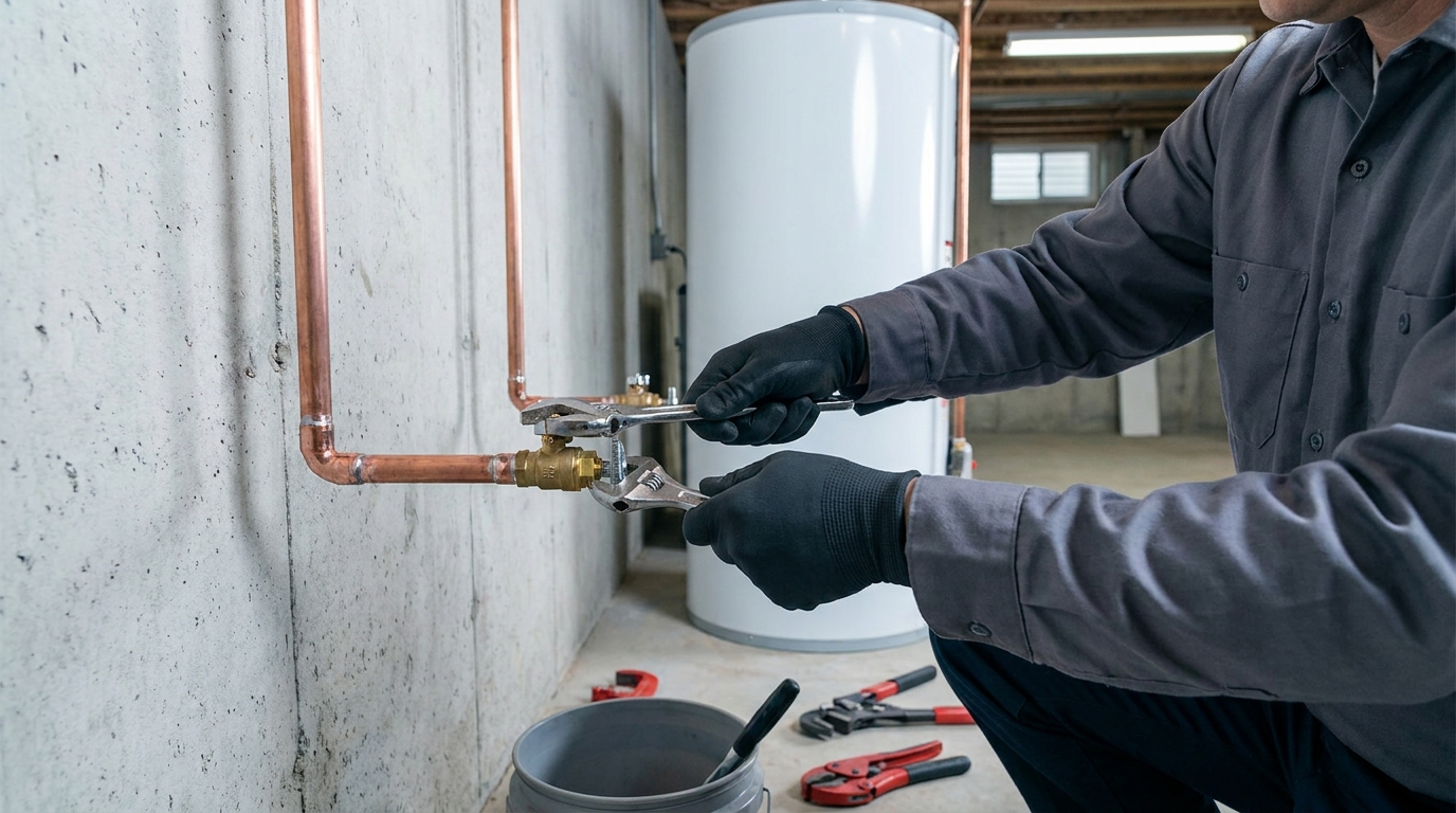 Halvorsen Plumbing: a wider plumbing work-context view in Calder Bay, documentary register, no identifiable face, no brand marks, demo only
