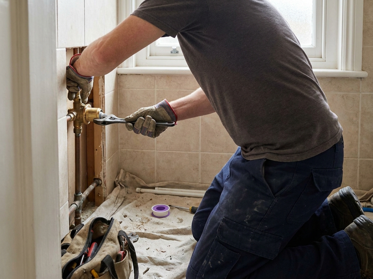 Halvorsen Plumbing: plumbing work in context in Calder Bay, documentary register, hands and task in focus, no identifiable face, no brand marks, demo only