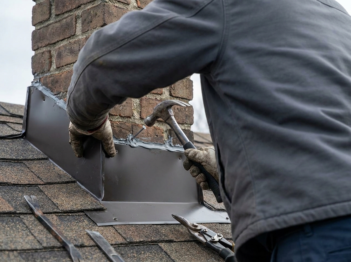 Hargrove Roofing: a roofing work detail, documentary register, hands and task in focus, no identifiable face, no brand marks, demo only