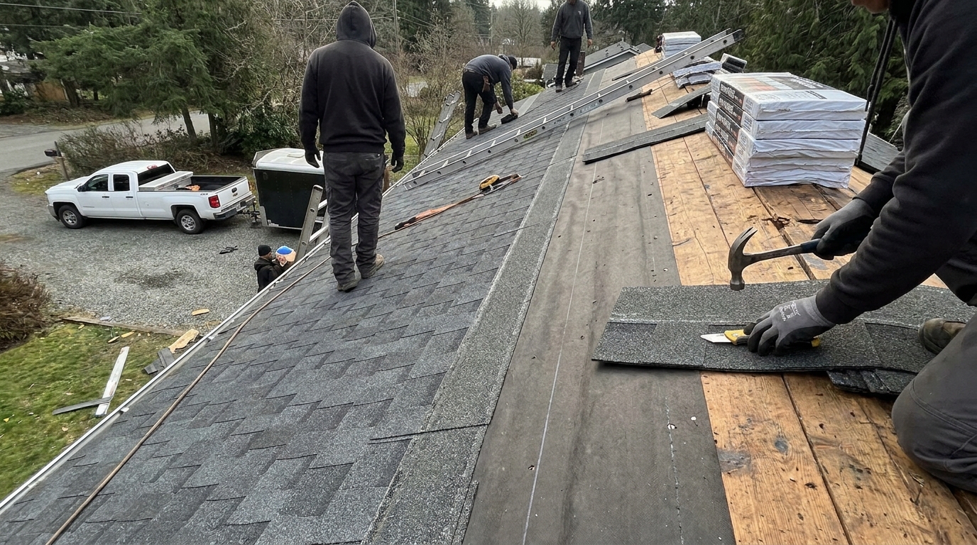 Hargrove Roofing: a wider roofing work-context view in Calder Bay, documentary register, no identifiable face, no brand marks, demo only