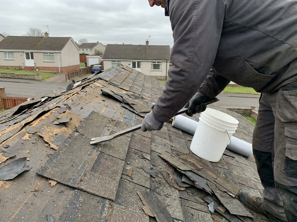 Hargrove Roofing: roofing work in context in Calder Bay, documentary register, hands and task in focus, no identifiable face, no brand marks, demo only
