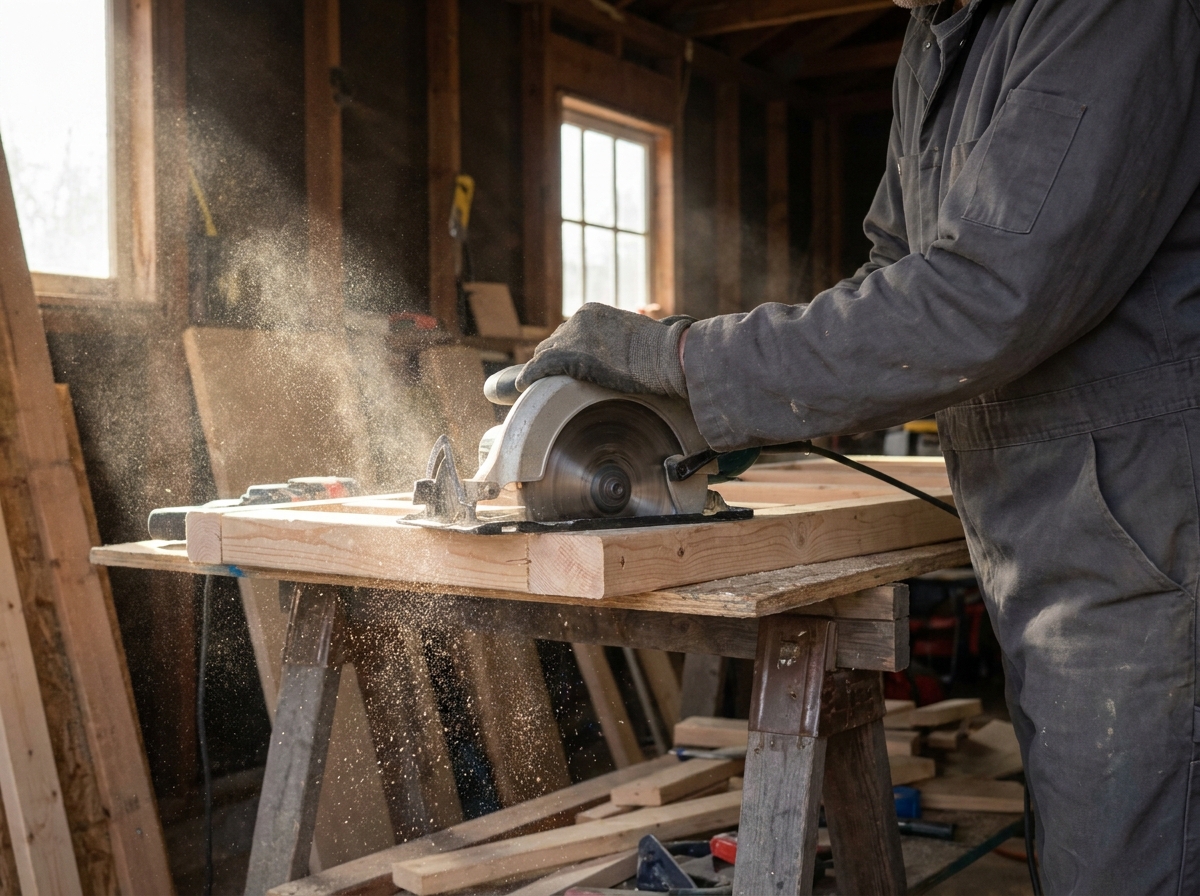 Tan Carpentry: a carpentry work detail, documentary register, hands and task in focus, no identifiable face, no brand marks, demo only