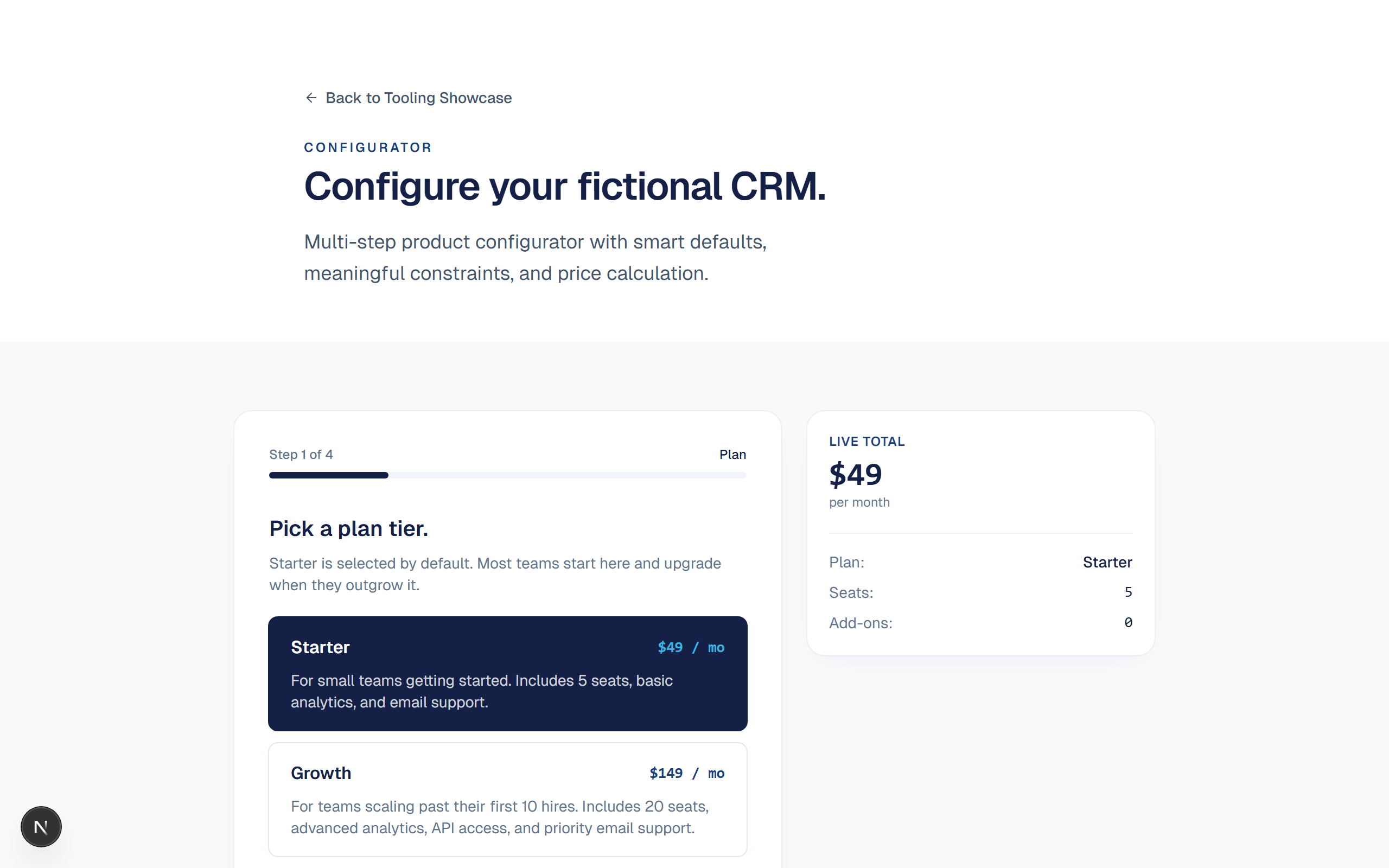 Preview of Build: Multi-step product configurator with smart defaults, meaningful constraints, and price calculation.