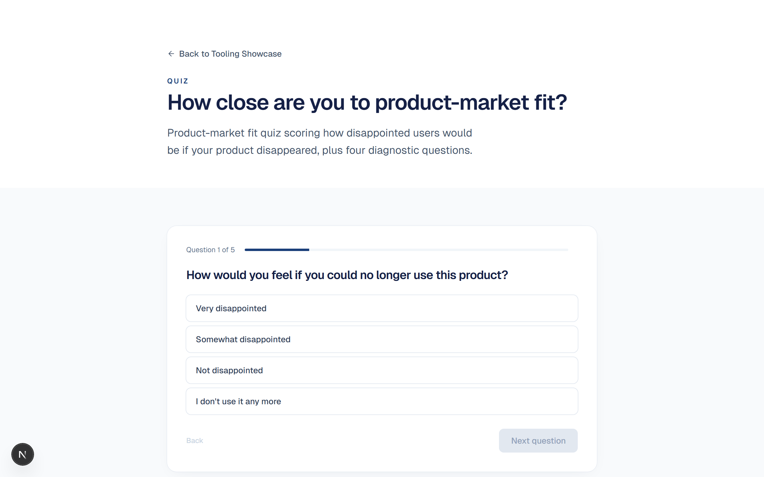 Preview of Compass: Product-market fit quiz scoring how disappointed users would be if your product disappeared, plus four diagnostic questions.