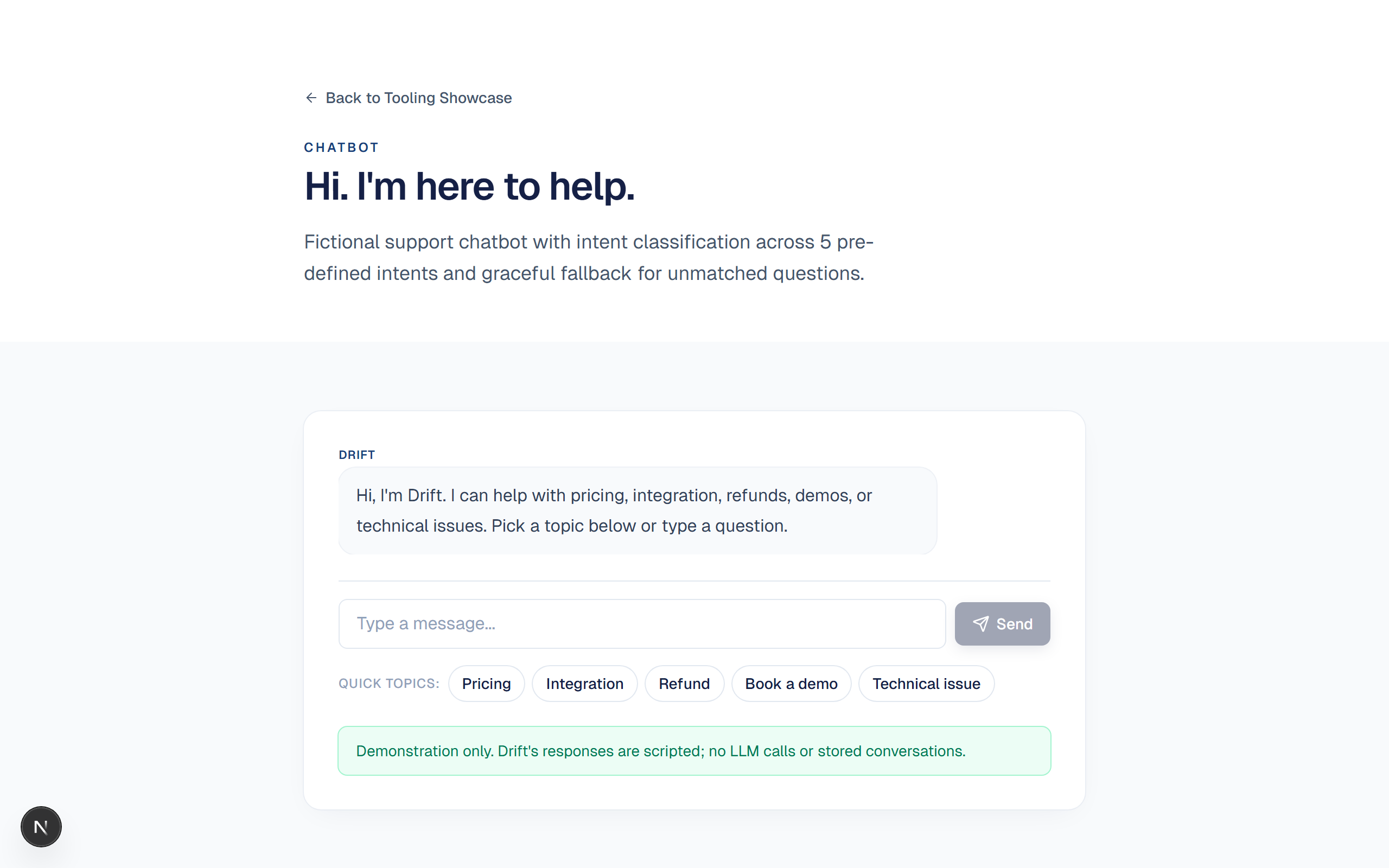 Preview of Drift: Fictional support chatbot with intent classification across 5 pre-defined intents and graceful fallback for unmatched questions.