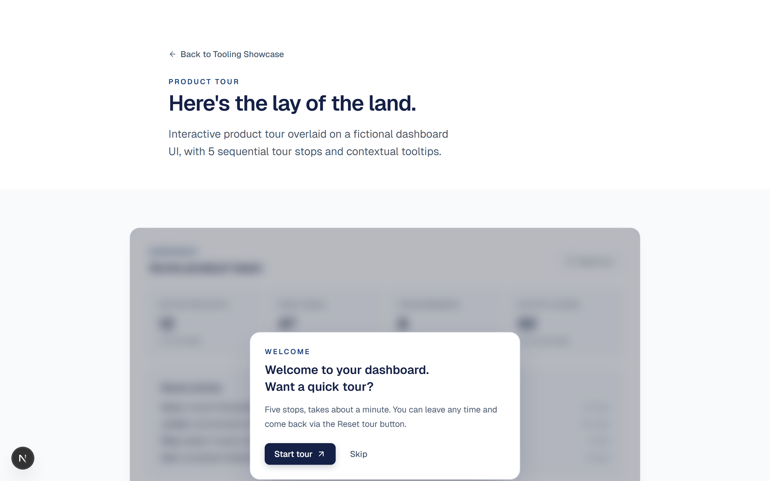 Preview of Frame: Interactive product tour overlaid on a fictional dashboard UI, with 5 sequential tour stops and contextual tooltips.