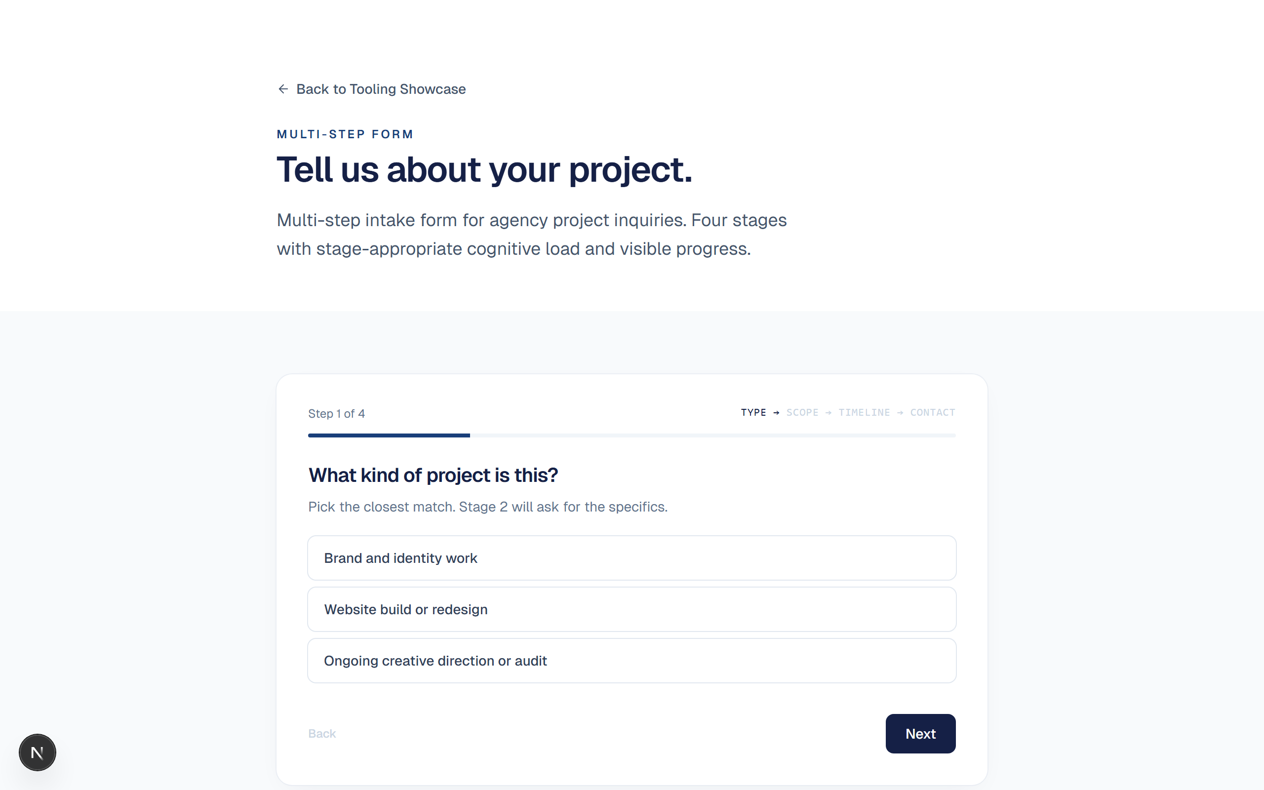 Preview of Horizon: Multi-step intake form for agency project inquiries. Four stages with stage-appropriate cognitive load and visible progress.