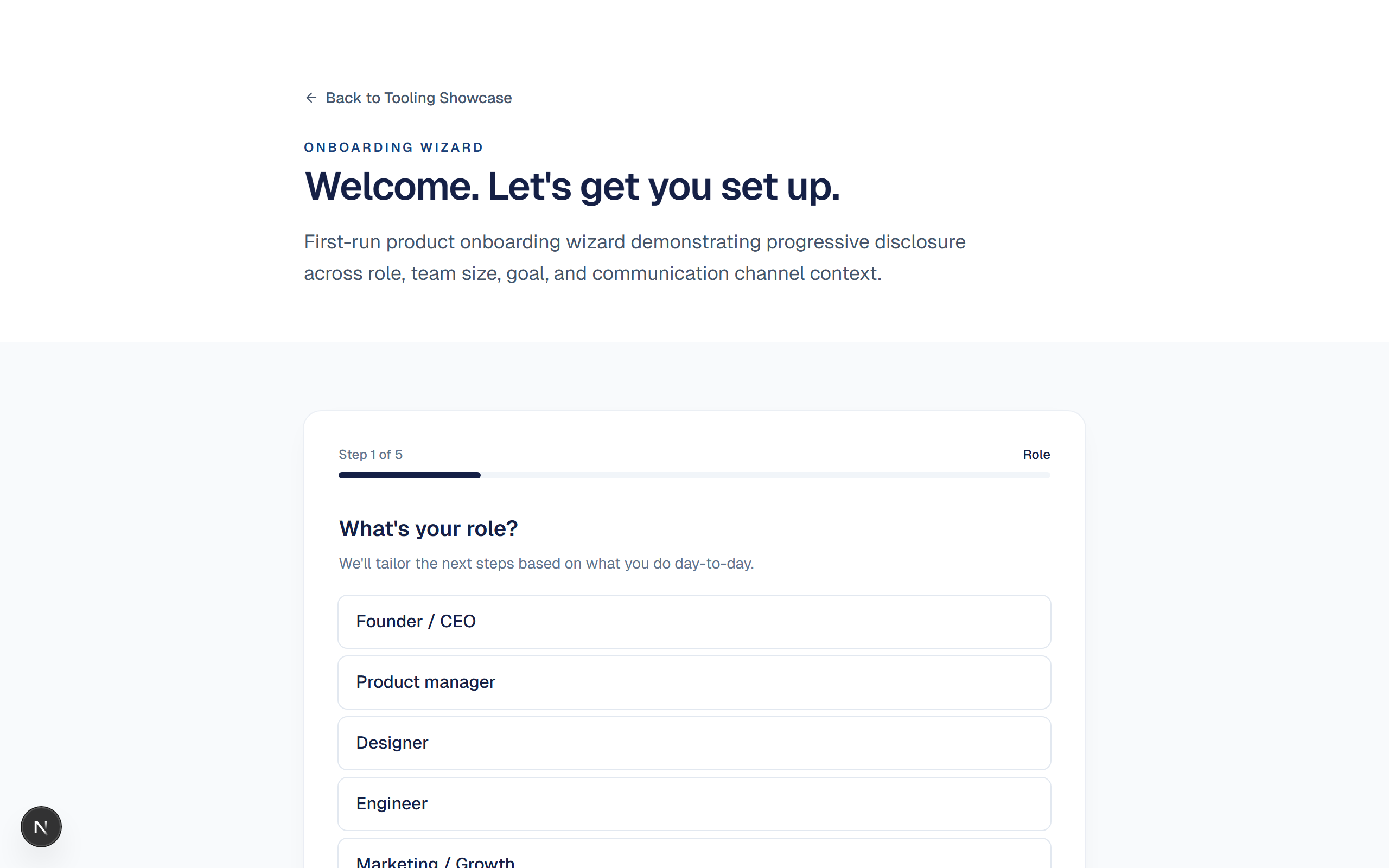 Preview of Pulse: First-run product onboarding wizard demonstrating progressive disclosure across role, team size, goal, and communication channel context.