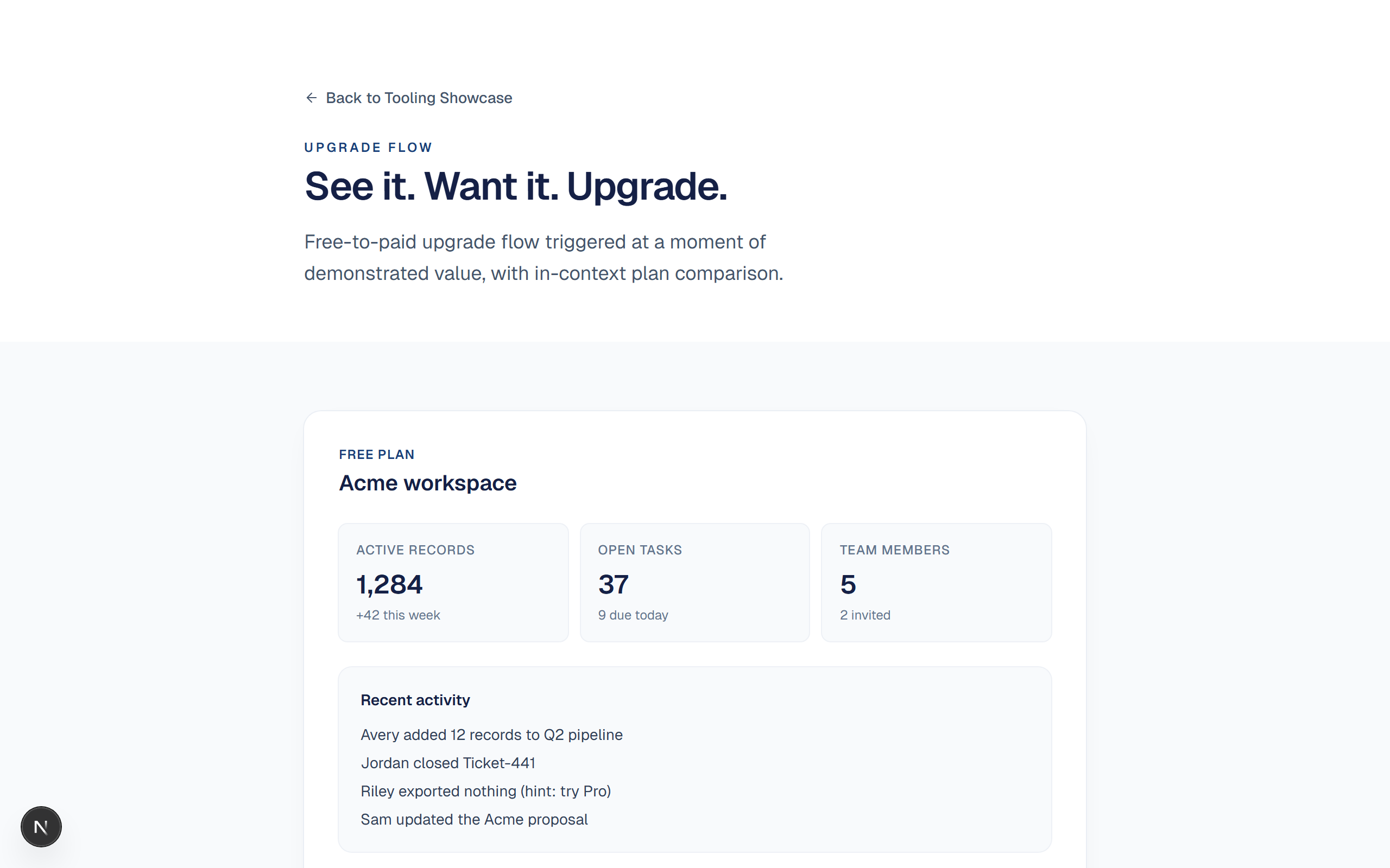 Preview of Tier: Free-to-paid upgrade flow triggered at a moment of demonstrated value, with in-context plan comparison.